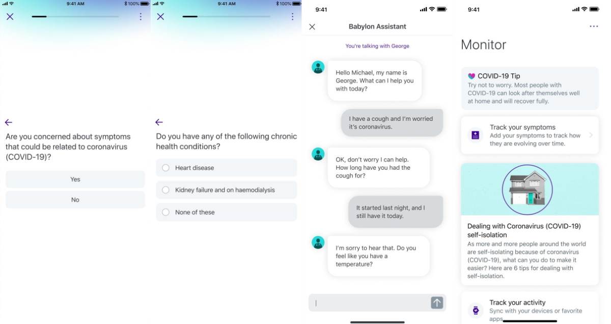 Screenshots of Babylon's COVID-19 Care Assistant