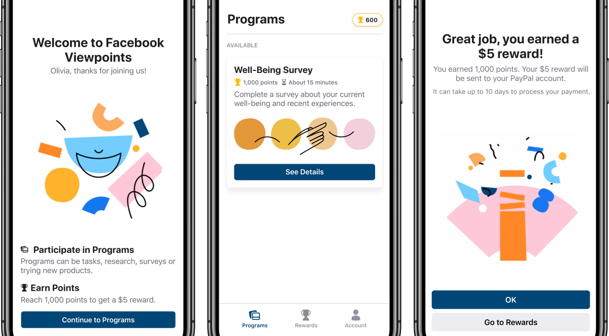 People who download the Facebook Viewpoints app will be invited to join ‘programs’ of surveys, tasks, and research