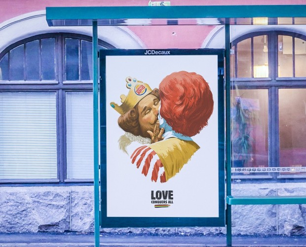 Burger King and McDonald's brand mascots kiss in Helsinki Pride campaign 